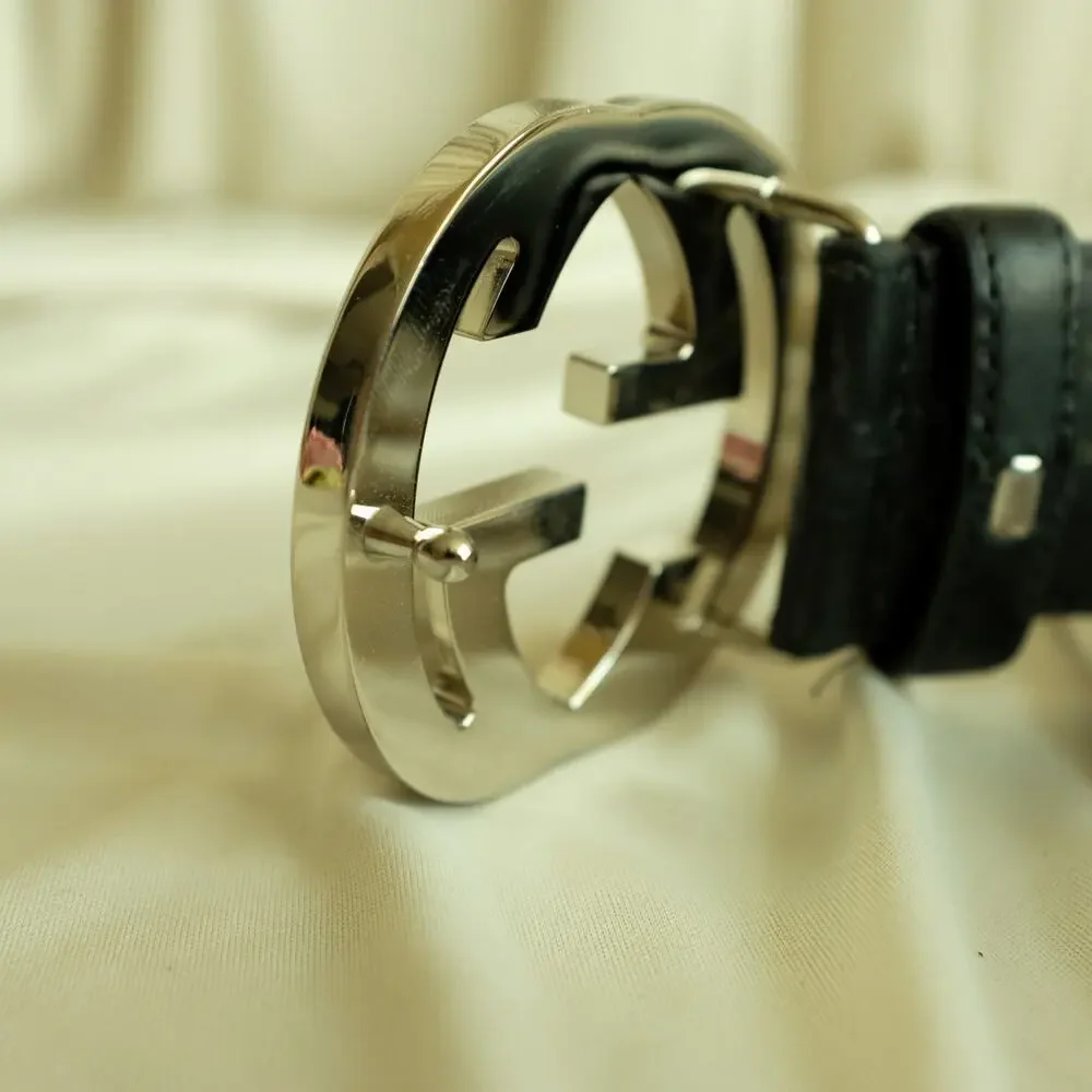 Gucci Interlocking G Belt - Black Leather, Silver Buckle, Size 95